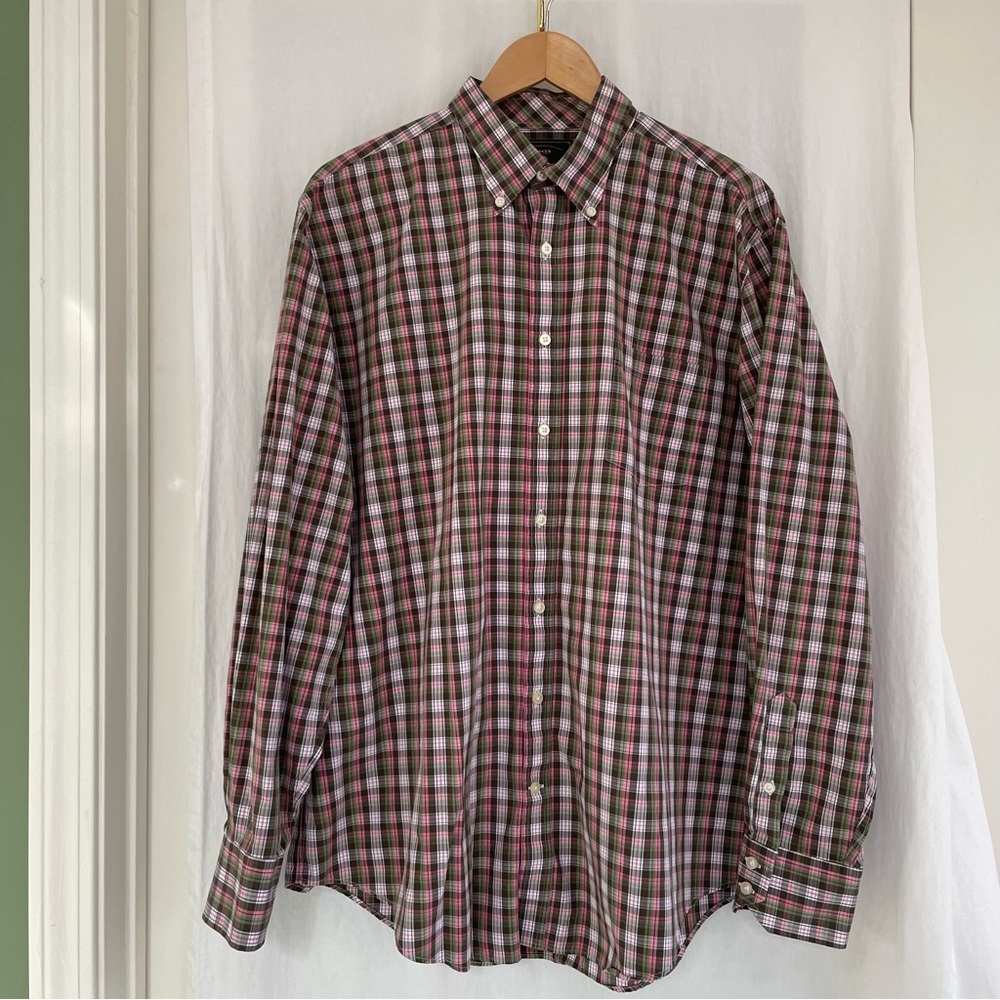 Men's Plaid Button-Down Shirt, Pink and Green